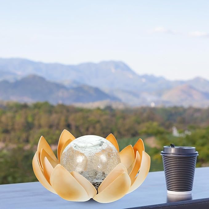 Solar LED Lotus Crackle Glass Path Light, Waterproof Yellow Garden Lawn Solar Lamp for Outdoor Yard Landscape Insert