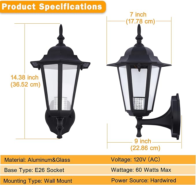 Outdoor Wall Lantern, Wall Sconce as Porch Lighting Fixture, E26 Base 60W Max, Aluminum Housing Plus Glass, Wet Location Rated, Bulbs not Included, Matte Black, 2 Pack