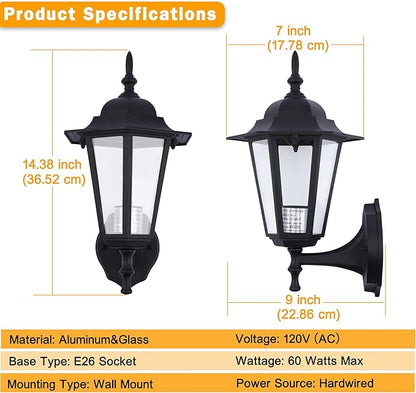 Outdoor Wall Lantern, Wall Sconce as Porch Lighting Fixture, E26 Base 60W Max, Aluminum Housing Plus Glass, Wet Location Rated, Bulbs not Included, Matte Black, 2 Pack