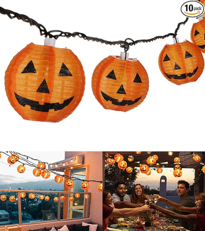 Halloween Lantern String Lights, Jack O Lanterns Pumpkin String Lights Plug in, 10 Orange Lights String 9.83FT Connectable Indoor/Outdoor Halloween Decorations