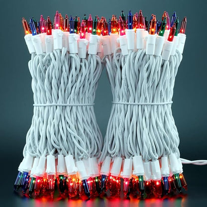 YULETIME 200 Multicolor Christmas Lights, Pack of 2 Sets 33 Feet 100 Count UL Certified Incandescent String Lights (Multicolor - White Wire)