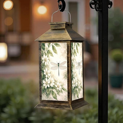 Solar Lantern Outdoor Waterproof Vintage Dragonfly Botanical Retro Dragon Fly Leaves White Flowers Garden Decor LED Solar Lights Hanging/Tabletop Lamp Gifts for Women Mom for Outside Yard Patio