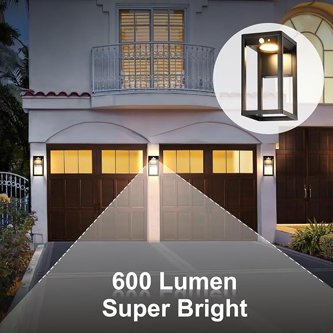 Solar Outdoor Wall Light with Motion Sensor - 600 Lumen Aluminum Solar Sconce Lights Outdoor, Dusk to Dawn Wall Lantern for Garage, Porch, Front Door. IP44 Waterproof, Black