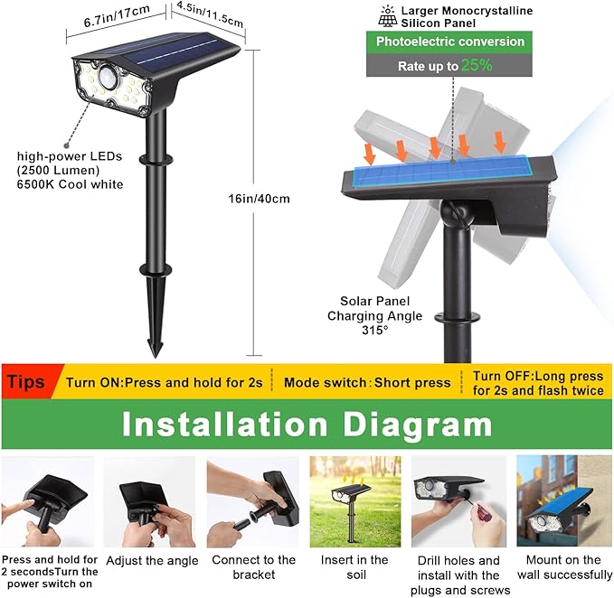 DAONEG Bright Solar Spot Lights Outdoor, 2Pack Motion Sensor, Modern Style, Black, Waterproof, 250 Lumen, LED, Solar Powered, Remote Control, Driveway/Garden/Walkway