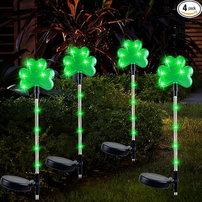 4 Pack Shamrocks Solar Lights St. Patricks Day Green Lucky Solar Light Outdoor Garden Pathway Stake Light Spring Yard Lawn Decor