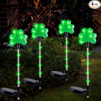 4 Pack Shamrocks Solar Lights St. Patricks Day Green Lucky Solar Light Outdoor Garden Pathway Stake Light Spring Yard Lawn Decor