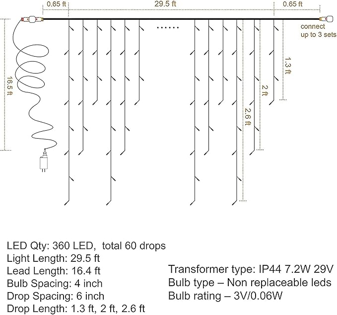 Dazzle Bright 360 LED Christmas Icicle Lights, 29.5 FT 8 Modes Curtain Fairy Lights with 60 Drops, Connectable Xmas String Lights for Outside Holiday Wedding Party Decorations (White) (Pack of 2)