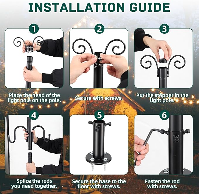 String Light Poles 2 Pack, 10FT Patio Light Poles for String Lights Metal Post Pole with Hooks to Hang Outdoor | Lumora