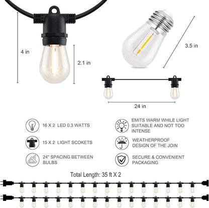 YULETIME 35 Feet 18 Sockets Patio String Lights with LED Bulbs, Weatherproof Backyard Light Bistro Lights (15 Lights - 2 Sets)
