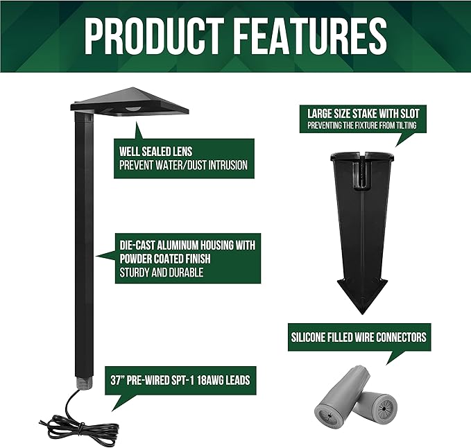 GKOLED 6 Pack UL Listed Low Voltage Pathway Lights, 12V 3W 140LM 3000K Waterproof LED Landscape Lighting, for Outdoor Walkway, Sidewalk, Driveway, with Large Stake, Die-cast Aluminum Housing, Black