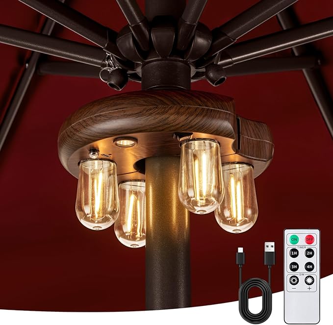Dark Wood Grain Patio Umbrella Light with Remote Control, Rechargeable Cordless LED Edison Bulbs Pole Light with 10 Brightness Levels for Garden, Patio, Backyard, Camping or BBQ (1 Pack)