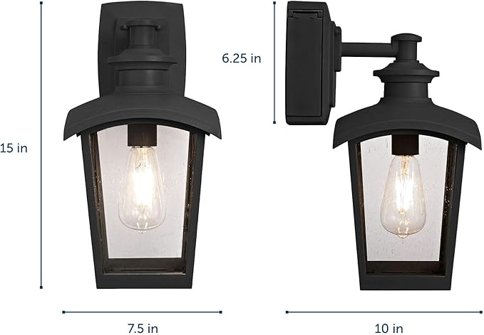 Home Luminaire 31703 Spence 1-Light Outdoor Wall Lantern with Seeded Glass and Built-in GFCI Outlet, Black | Lumora