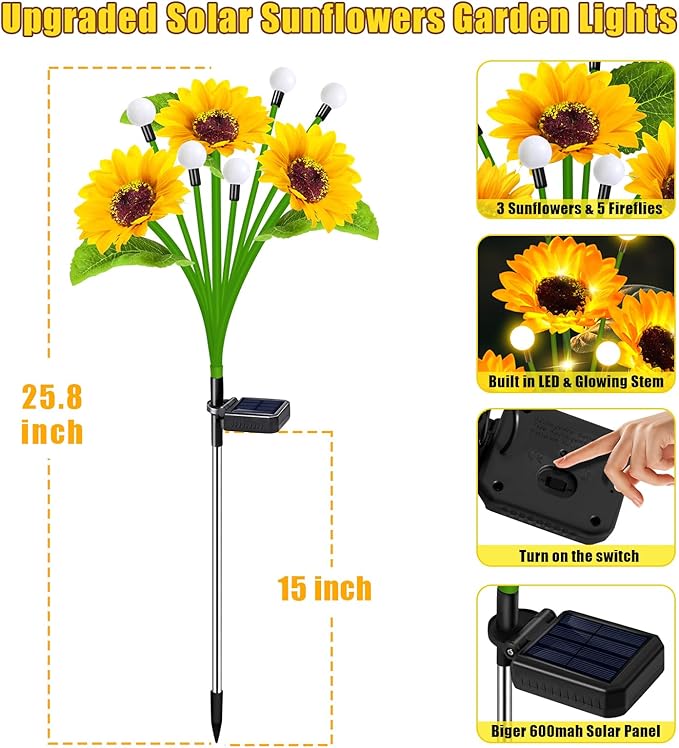 4 Pack Solar Sunflower Lights Outdoor Garden Decor, Upgraded with Firefly Lights, Waterproof Solar Flower Stake for Outside Yard Lawn Backyard, Gardening Gifts for Women Mom Grandma