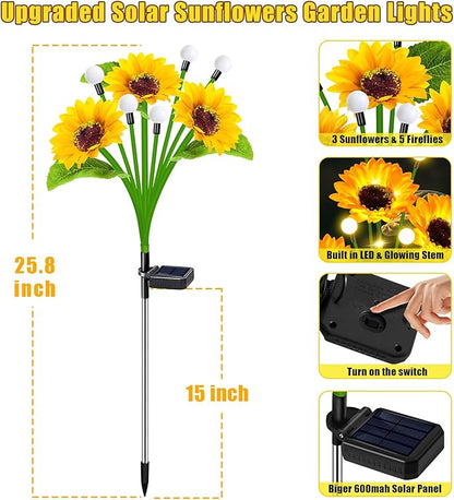 4 Pack Solar Sunflower Lights Outdoor Garden Decor, Upgraded with Firefly Lights, Waterproof Solar Flower Stake for Outside Yard Lawn Backyard, Gardening Gifts for Women Mom Grandma