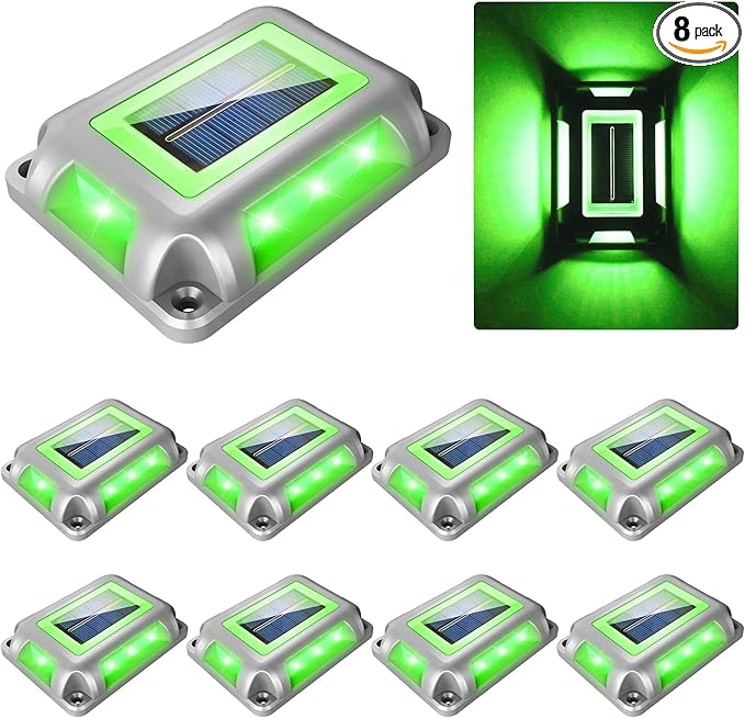 Solar Green Deck Lights Driveway Dock Lights St. Patrick's Day Decor Light- 8 Packs Waterproof 1200mAh Outdoor LED Aluminum Dock Lighting Road Markers for Driveway Sidewalk Garden Pathway Yard