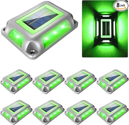 Solar Green Deck Lights Driveway Dock Lights St. Patrick's Day Decor Light- 8 Packs Waterproof 1200mAh Outdoor LED Aluminum Dock Lighting Road Markers for Driveway Sidewalk Garden Pathway Yard