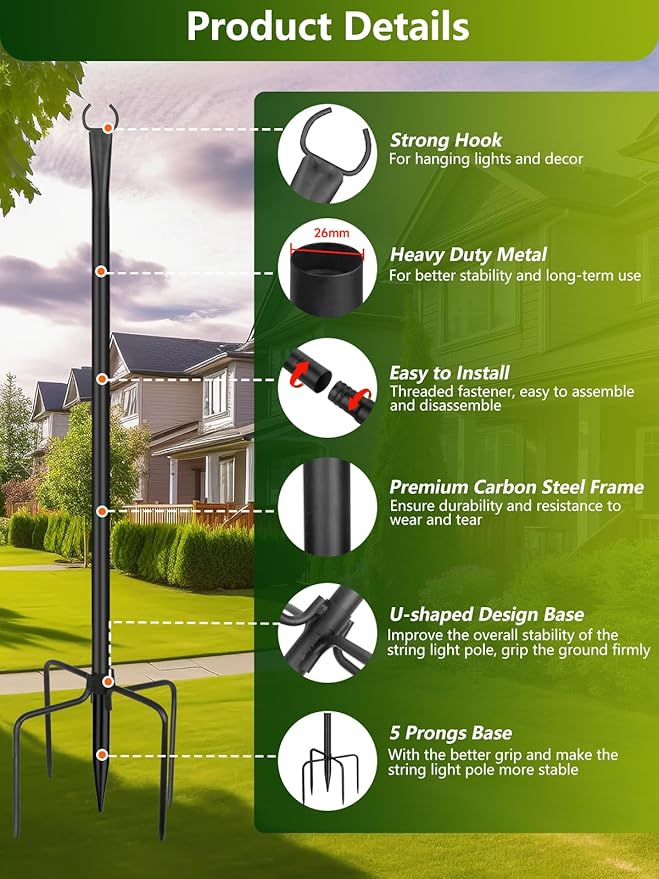 String Light Poles for Outside 4 Pack, 10ft Metal Outdoor String Light Poles for Deck - Ideal for Patio, Garden | Lumora