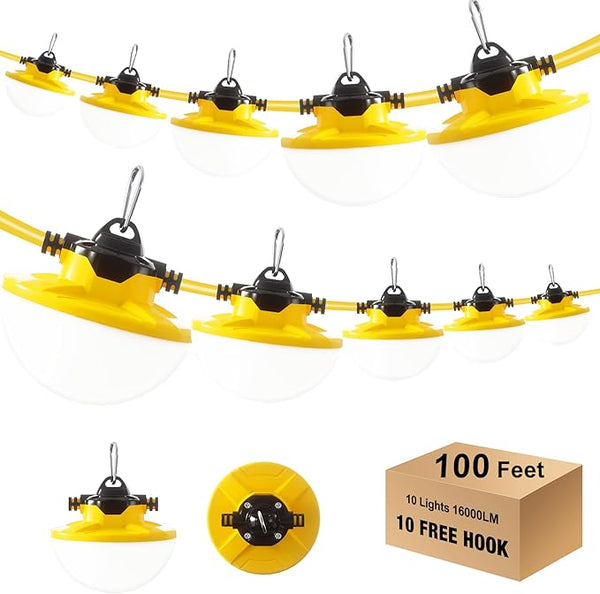 100FT Construction String Light 130W 16000Lm, 5000K Industrial Grade LED String Work - Outdoor Security Flood Light | Lumora