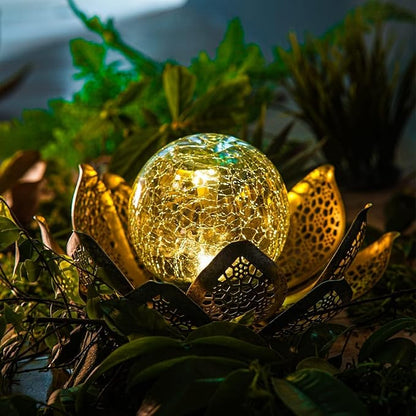 DUSVALLY Lotus Solar Light Outdoor Garden Decoration for Patio, Lawn, Walkway, Tabletop, Waterproof Metal Lotus & Glass Globe Emit Crackle Light, Golden