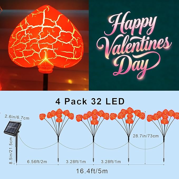 KerKoor Solar Garden Lights Mothers Day Decorations Lights Outdoor Waterproof 4 Pack 32 LED Pink Heart 8 Modes Gifts for Mom Mother Women Party Yard Path Wedding Valentines Mother‘s Day Decor (Pink)