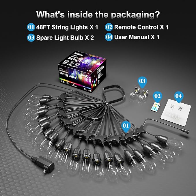 Outdoor String Lights Waterproof - 24FT Color Changing Led Outside Patio Light with 12 Bulbs, Remote Control RGBW Outside Lights for House Yard Party Balcony Bistro Backyard Decor