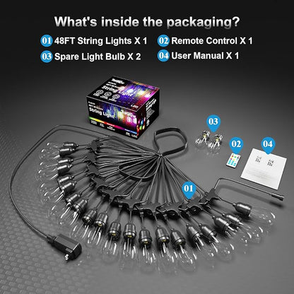 Outdoor String Lights Waterproof - 24FT Color Changing Led Outside Patio Light with 12 Bulbs, Remote Control RGBW Outside Lights for House Yard Party Balcony Bistro Backyard Decor