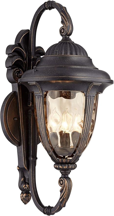 John Timberland Bellagio Outdoor Wall Light Fixture Veranda Bronze Aluminum Double Arm 27 1/2" Champagne Hammered Glass for Exterior House Porch Patio Outside Deck Garage Yard Front Door Home