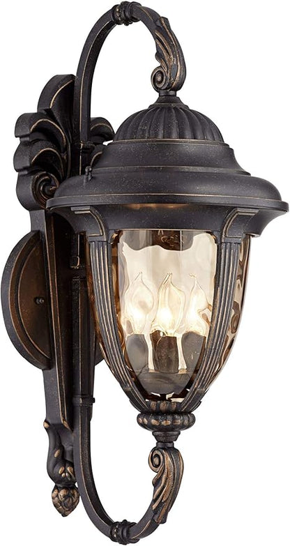 John Timberland Bellagio Outdoor Wall Light Fixture Veranda Bronze Aluminum Double Arm 27 1/2" Champagne Hammered Glass for Exterior House Porch Patio Outside Deck Garage Yard Front Door Home