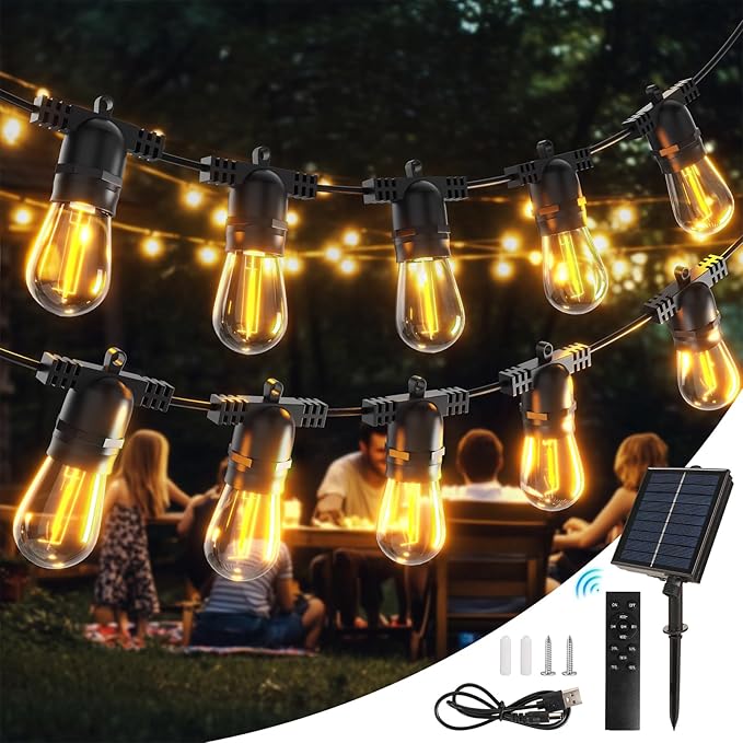 S14 Solar String Lights Outdoor with Remote 100 FT, USB & Solar Dual Charging, Waterproof, 8 Modes 3 Timers, 34+3 LED Shatterproof Bulbs, Dimmable Solar Light for Camping Backyard Bistro Porch Garden