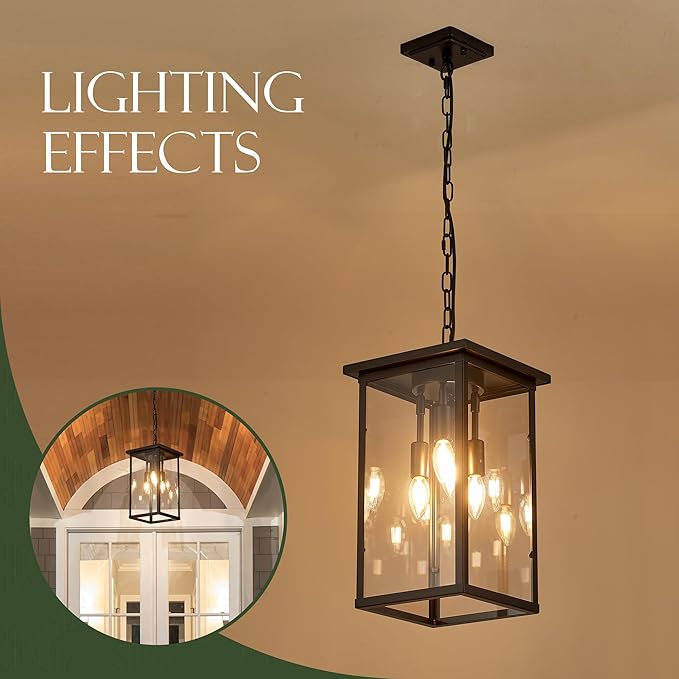 10" Modern 4-Light Exterior Black Square Lantern Pendant Light Fixture with Clear Glass Industrial Hanging Cage | Lumora