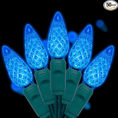 UL Listed 50 Count C6 Led Christmas Lights,C6 Strawberry Christmas Light Bulbs,Outdoor Led String Lights for Garden Patio Trees Lighting Decoration,17 Feet Green Wire (Blue)
