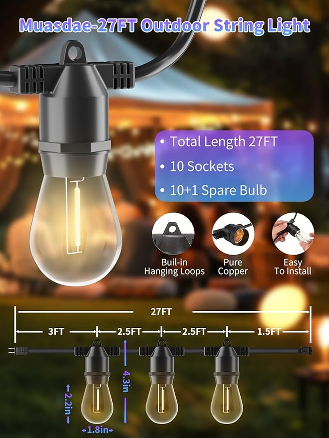 27FT LED String Lights Outdoor S14 Patio Light, Patio Lights Edison Shatterproof Bulbs Weatherproof Strand, Commercial Grade Outdoor Lighting, Decorative for Garden or Patio