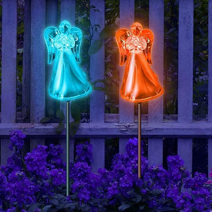 Set of 2 Clear Acrylic Angel Solar Garden Yard Landscape Path Stick LED Lights