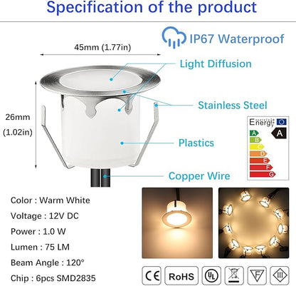 LED Outdoor Deck Lights Kits, Φ1.77in Warm White 10 Pack Silver, Low Voltage 12V DC IP67 Waterproof, Electric Wired Recessed Exterior Stair Step Riser Landscape Lighting for Outside Floor Yard
