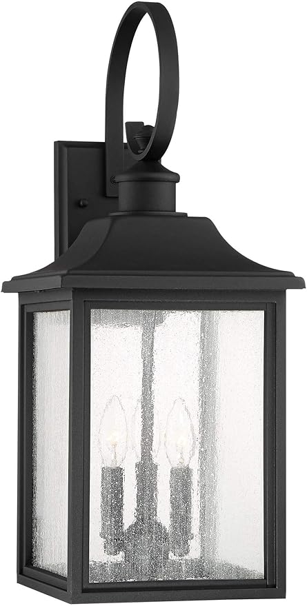 John Timberland Moray Bay Industrial Outdoor Wall Light Fixture Black Metal 24" Clear Seedy Glass Lantern Scroll Arm for Exterior House Porch Patio Outside Deck Garage Front Door Garden Home