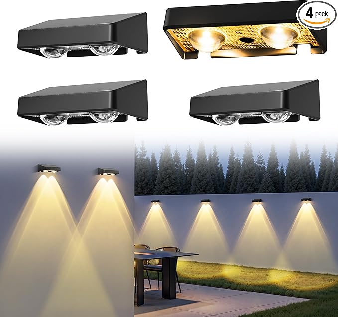 Solar Fence Lights Outdoor,50 LM 11 Modes & 9 Colors Solar Lights with Brighter LED Focus Lens Waterproof IP65 for Wall Backyard Deck Patio Porch Step Railings Pool Decor（4 Pack）