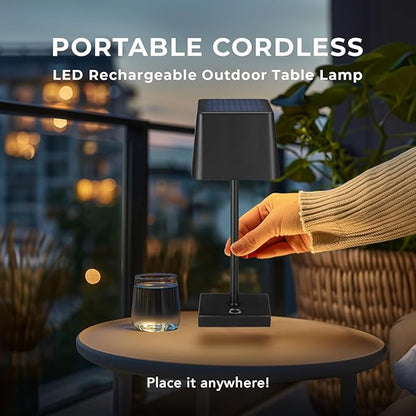 Globe Electric 12" Cordless Portable Outdoor Solar Operated LED Table Lamp, Matte Black, Dimmable, Rechargeable Battery, Charging Cable Included, Weather-Resistant Patio Bar Restaurants