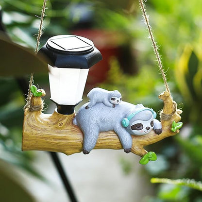 Solar Garden Ornaments Resin Sloth Animal Solar Lights Waterproof Hanging Sloth Decor with LED Lanterns Cute Solar Garden Lights for Patio Balcony Yard Lawn Garden Decorations Sloth