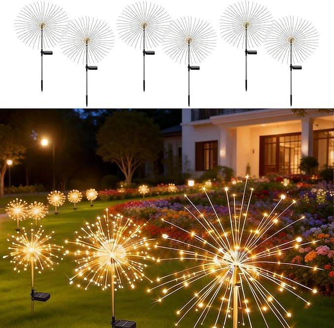 Solar Fireworks Lights for Outside, 150LED 8 Modes Fireworks Solar Lights Outdoor, Fairy Garden Flowers for Yard Pathway Wedding Party Christmas Diwali Garden Decor 6Pack (Warm White)