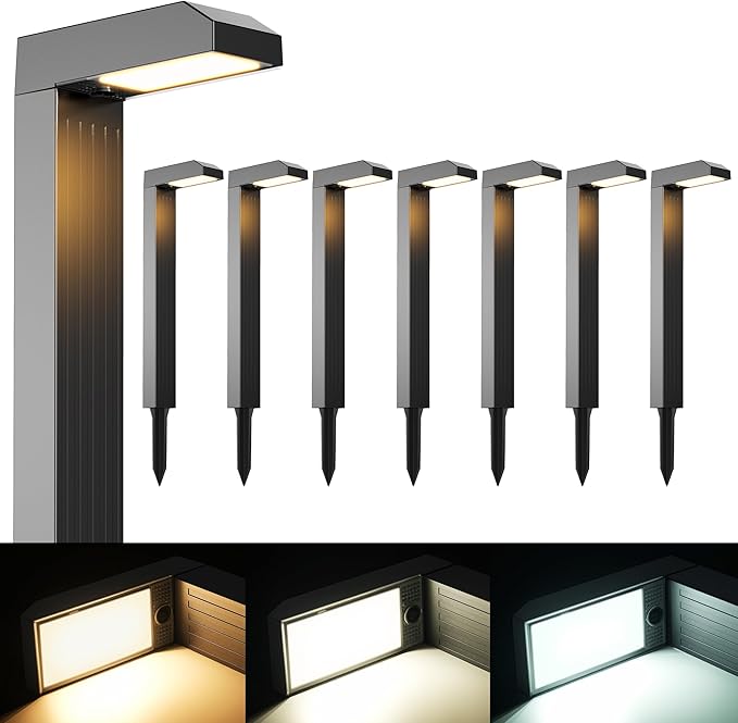 360° Adjustable Panel Solar Pathway Lights Outdoor 4 Pack + 3 Color in 1 Solar Pathway Lights Outdoor 8 Pack