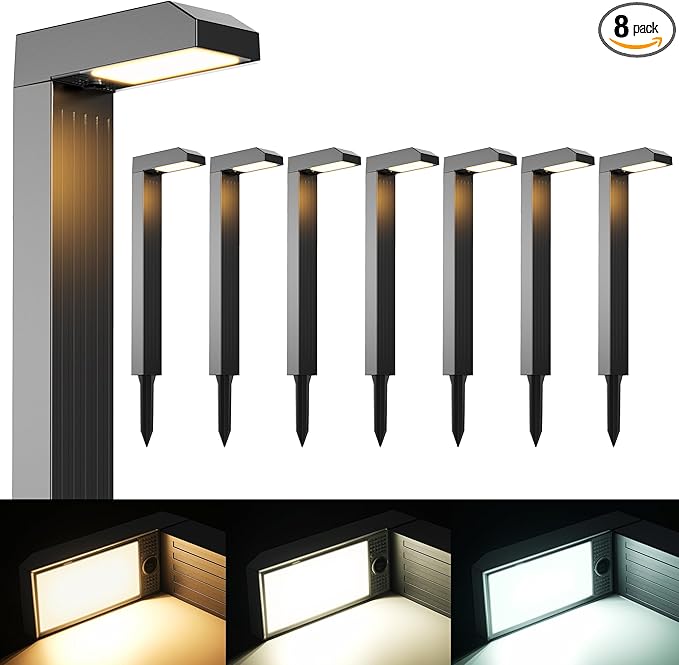 Solar Pathway Lights Outdoor 8 Pack, 3 Color in 1 Bright Landscape Lighting with Cool/Warm/Daylight White Modes, Auto On/Off, IP65 Waterproof for Yard Garden Patio Walkway Sidewalk Lawn Decor