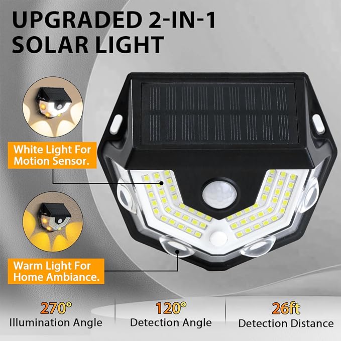 2-in-1 Solar Fence Lights, 270° Wide-Angle Illumination, Motion Sensor Outdoor Lights, 3 Modes, 54 LEDs White Light & 4 LEDs Warm Light, Dusk to Dawn Step Light for Yard, Pathway, Porch, 6 Pack