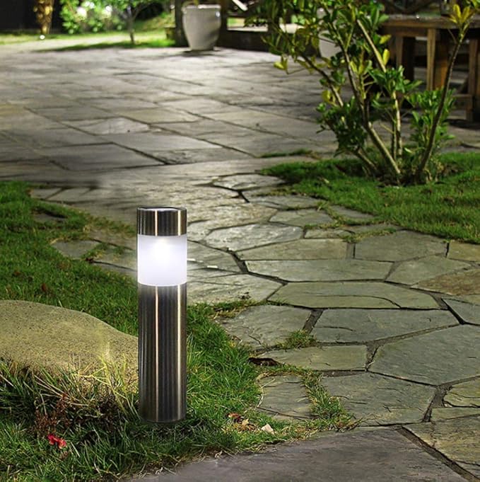 Solar Garden Lights Outdoor Solar Powered Landscape Path Light Stainless Steel Bollard Decorative Lighting Waterproof Solar Stake Light for Garden Lawn Patio Yard Path Walkway,White,4 Pack