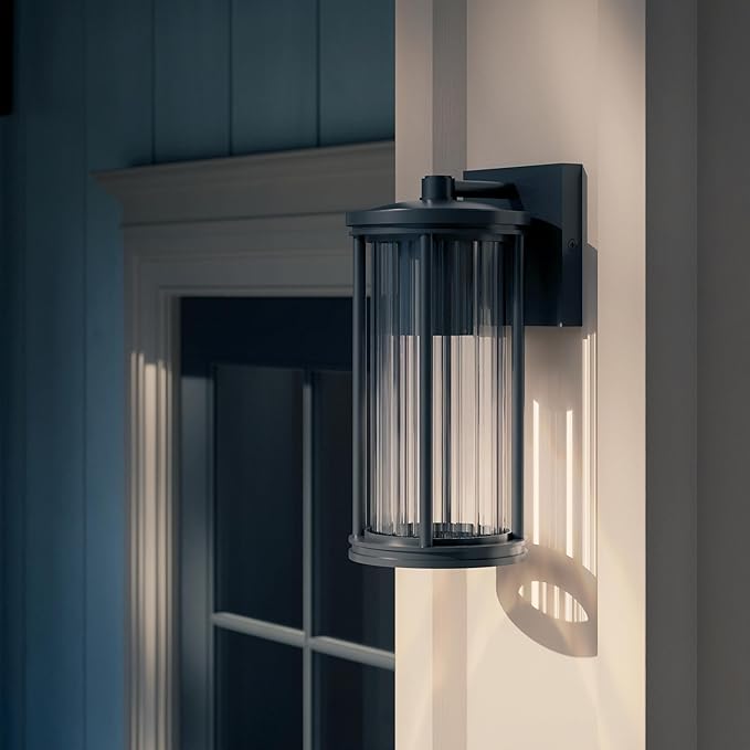 Kichler Barras 11.5" 1-Light Outdoor DarkSky Approved Wall Sconce with Clear Ribbed Glass in Black, Vertical Mount | Lumora
