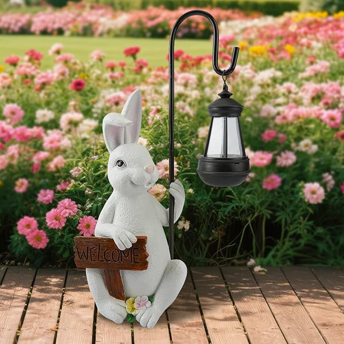 Rabbit Statues Solar Lantern Waterproof Light Resin Statue for Outside Balcony Garden Decor for Outside Gift for Grandma Women (Rabbit Lantern White)