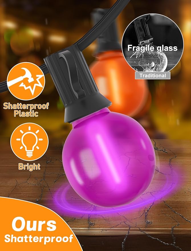SUNSGNE 25ft Halloween String Lights Outdoor - G40 LED Orange and Purple String Lights with 27 Frosted Globe | Lumora