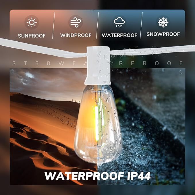 Achin Outdoor String Lights White 100Ft LED Patio Lights Outdoor Waterproof with 50+2 Shatterproof ST38 Bulbs 2200K | Lumora