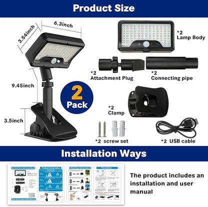 Pacify Clip On Solar Lights Outdoor, 92 LEDs 600LM 6000K Bright Solar Fence Lights with Motion Sensor, 360° Rotatable IP65 Waterproof 3 Modes Clamp Light for Deck Gutter Patio (2 Pack White Light)