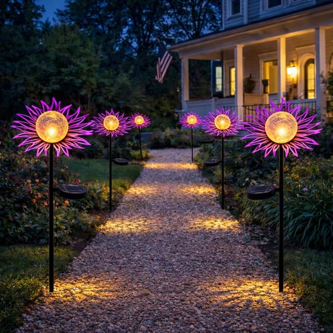 Solar Garden Lights Outdoor Decor, Metal Flower Solar Stake Light with Warm White Crackle Glass, Waterproof Yard Art Ornament for Patio Lawn Backyard, Unique Gardening Gifts for Women(Purple)