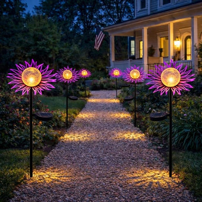 Solar Garden Lights Outdoor Decor, Metal Flower Solar Stake Light with Warm White Crackle Glass, Waterproof Yard Art Ornament for Patio Lawn Backyard, Unique Gardening Gifts for Women(Purple)